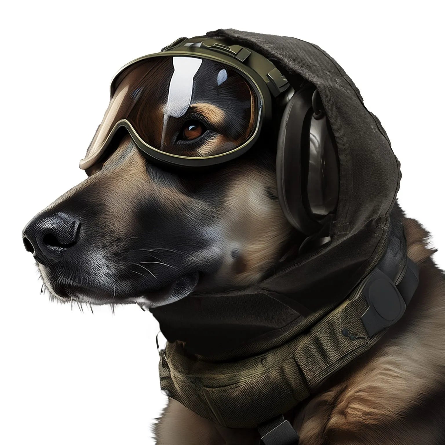Dog wearing Silynx tactical Hearing protection headset and goggles on a white background