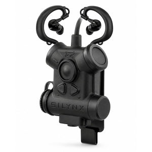 Clarus II Pro earplugs and control box with a central control module and two ear hooks, shown on a plain white background. The brand name 'SILYNX' is embossed on the front.