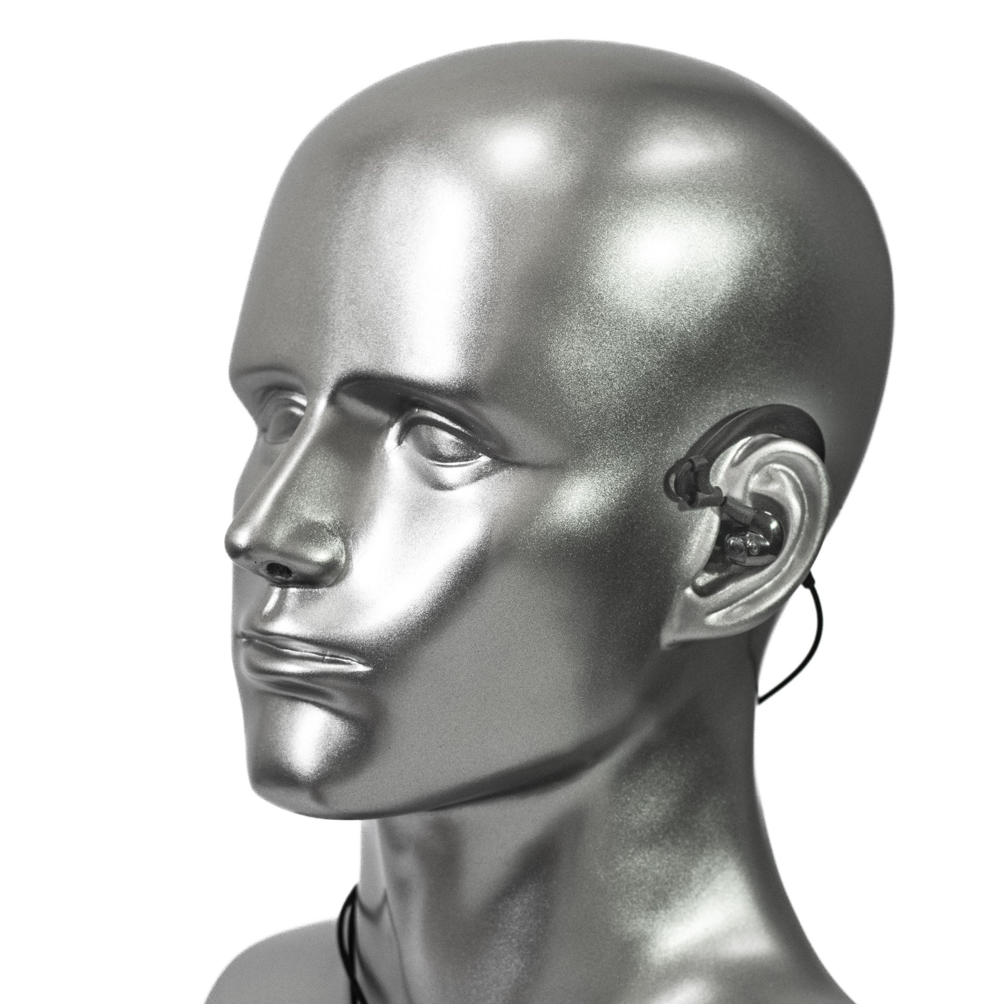 Silver mannequin head with SIlynx Headset on a white background