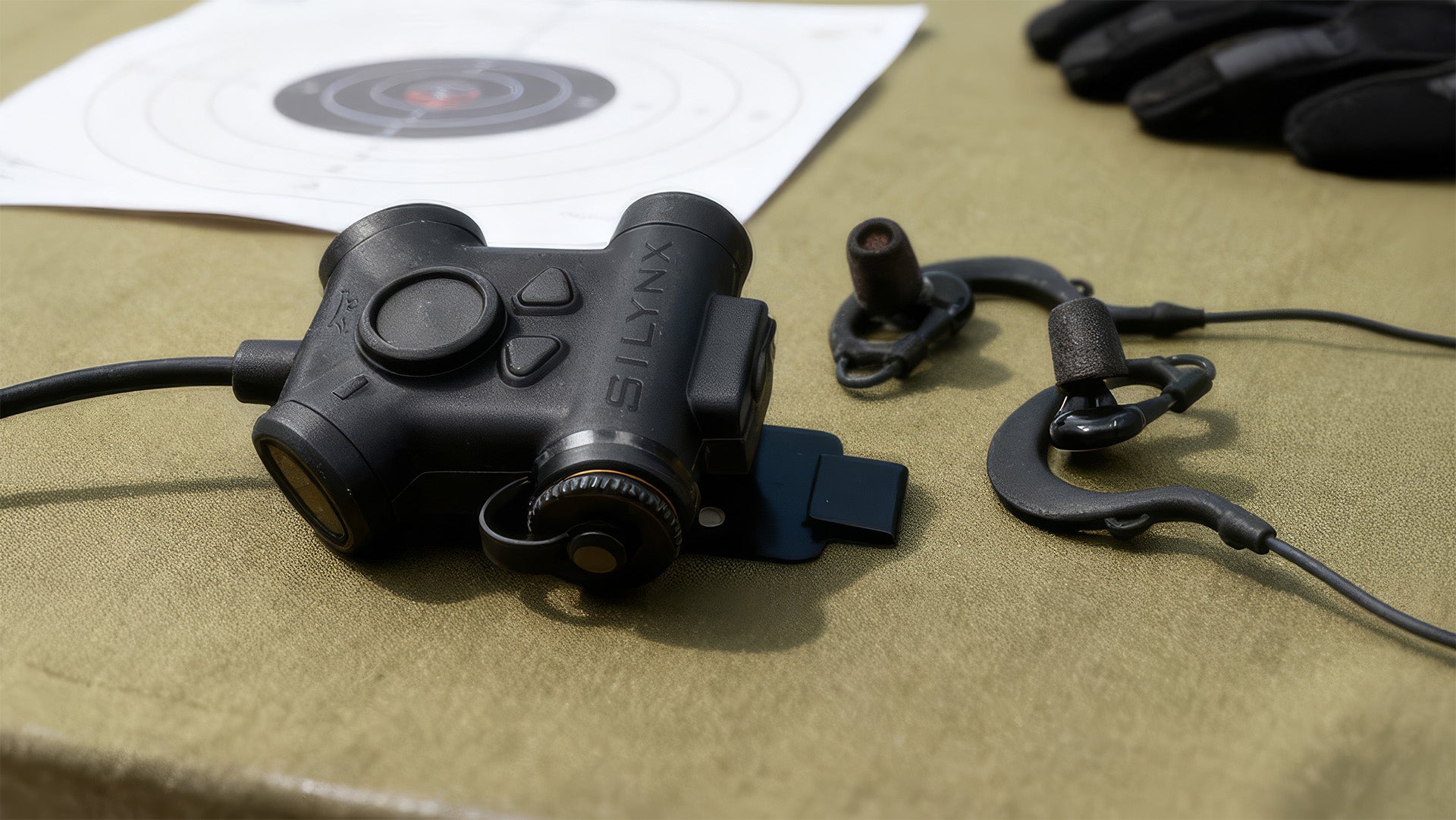 Clarus II Pro shown alongside a glove and paper target on a fabric surface