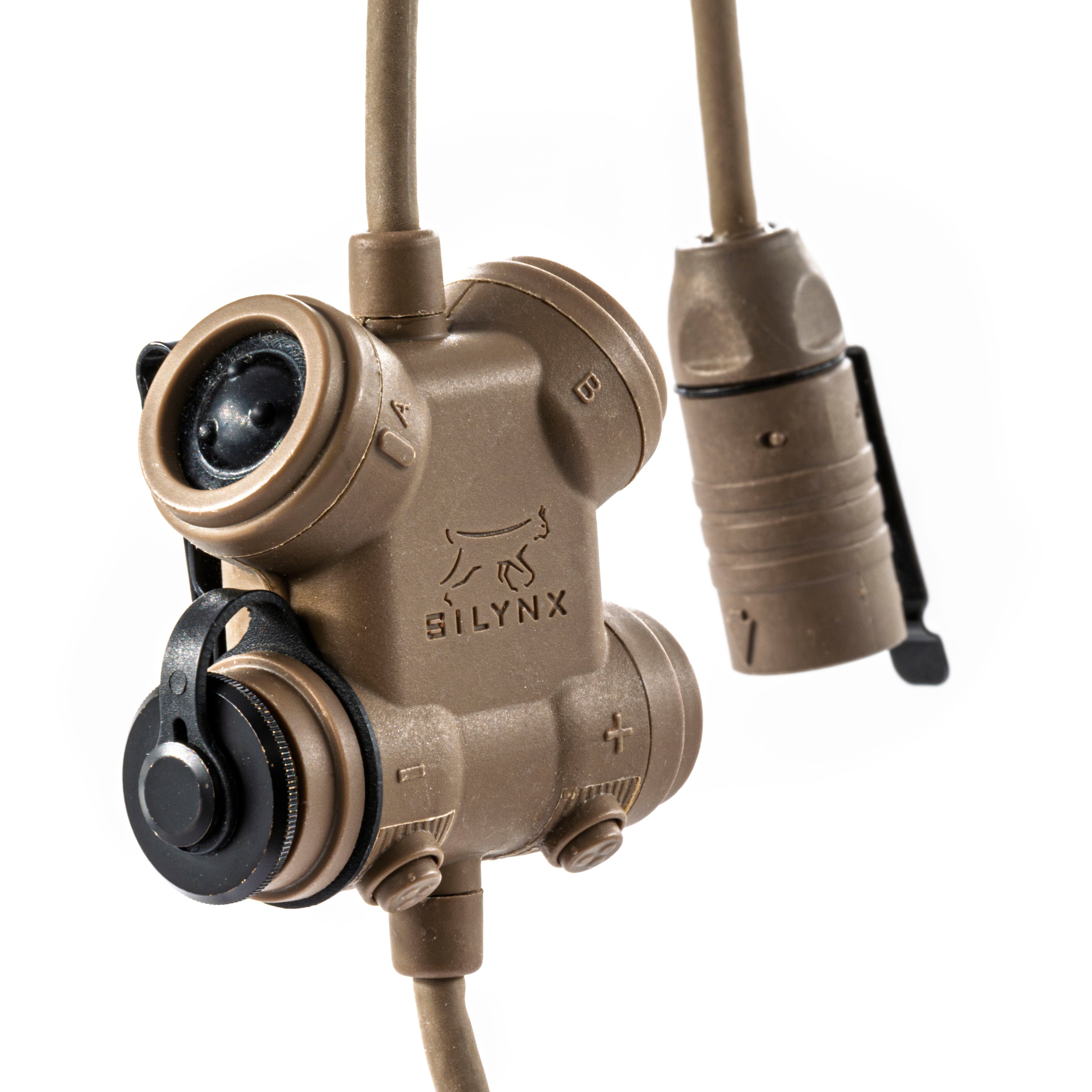 Silynx tan clarus Tactical communication device with Silynx logo on a white background