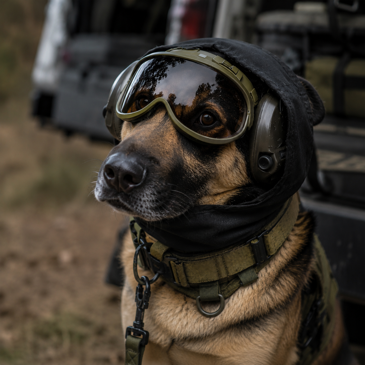 Dog wearing Silynx tactical Hearing protection headset and goggles