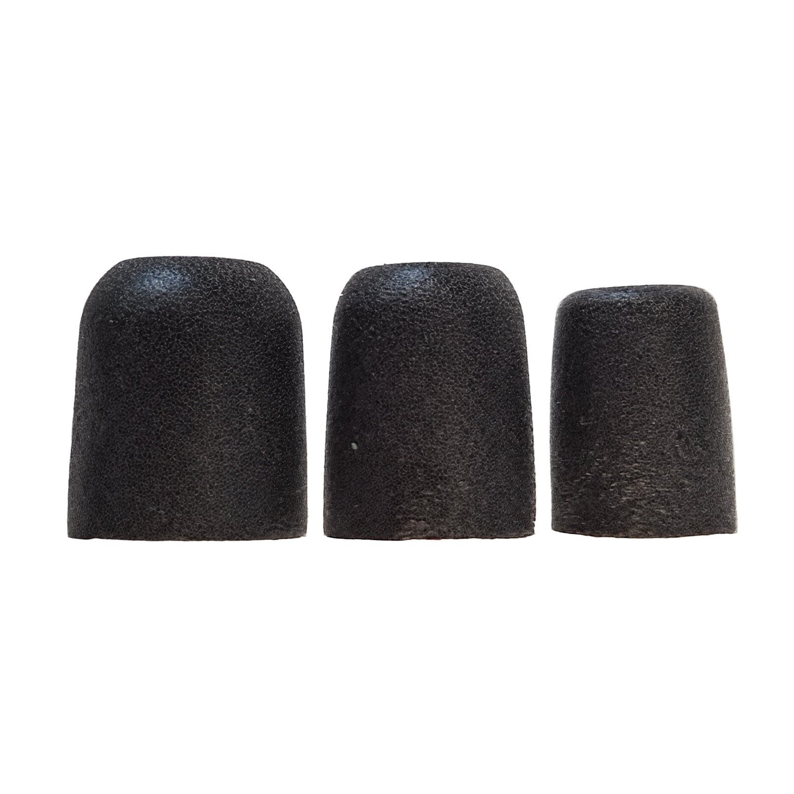 Three sizes of Silynx black foam earplugs on a white background