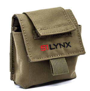 Olive green tactical headset pouch with Silynx logo on a white background