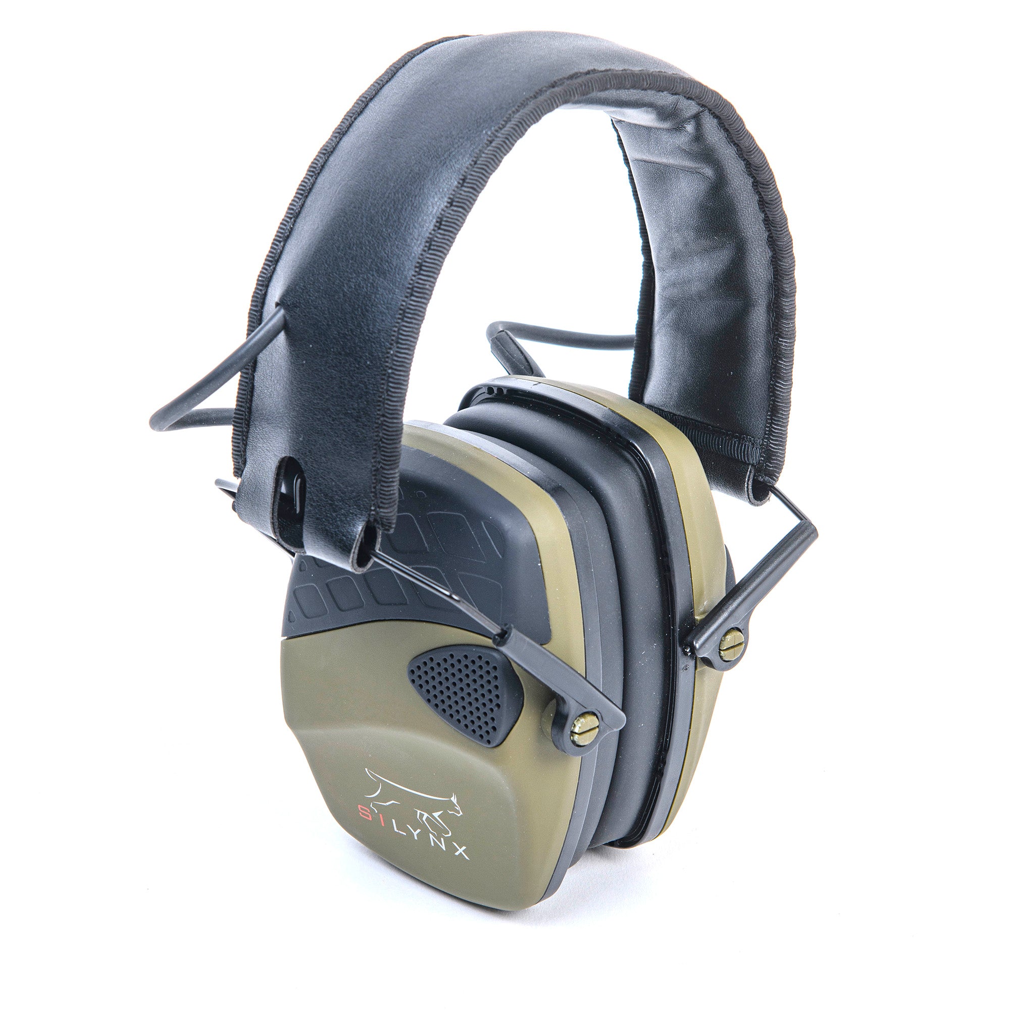 Silynx Salvus over-ear hearing protection active earmuffs with a padded black headband, olive green ear cups, and black plastic inner components, shown on a plain white background.