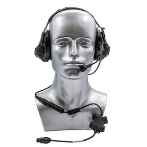 Headset on a silver mannequin head with Silynx PT21 control Box