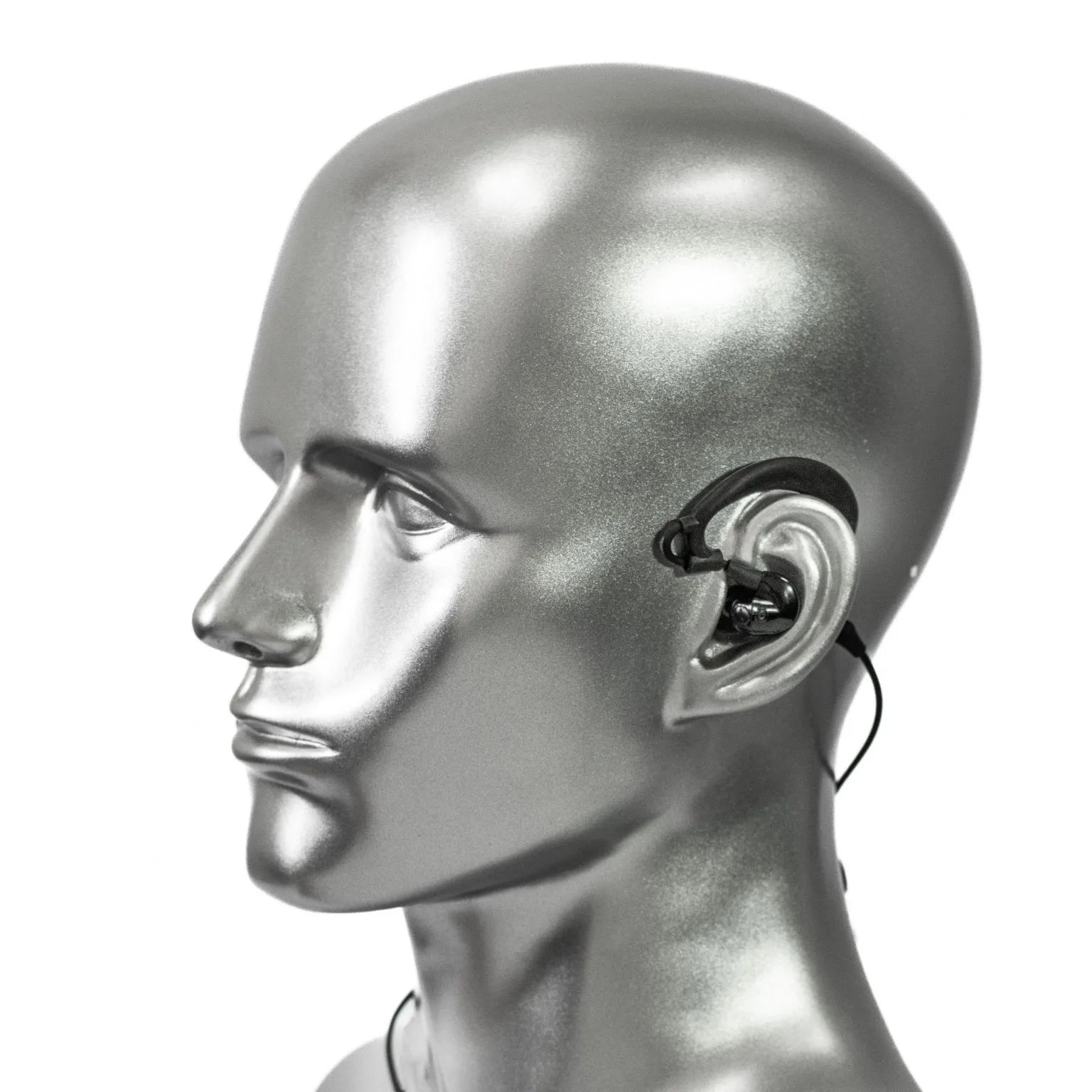 Silynx Protego SNG on Silver mannequin head with a black earbud on a white background