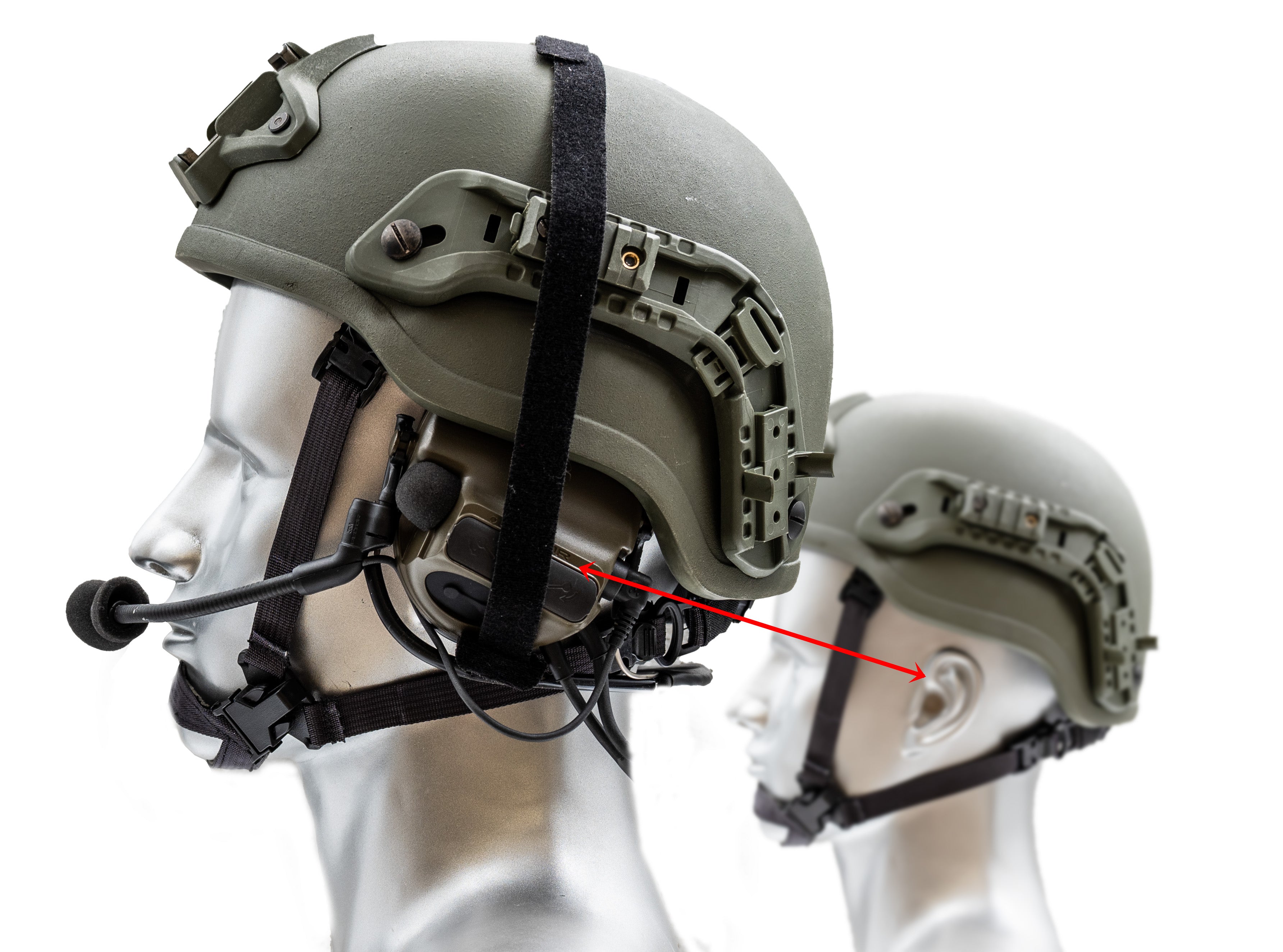 Silynx Protego PLT worn under helmet. A silver mannequin head with a white background