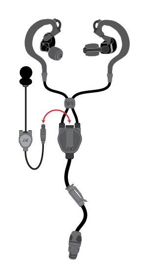 Diagram of an Silynx Protego Earbud with a cable and connector on a white background