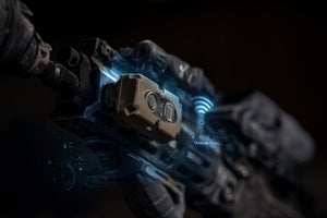 Close-up of futuristic Wireless PTT with digital interface on a dark background