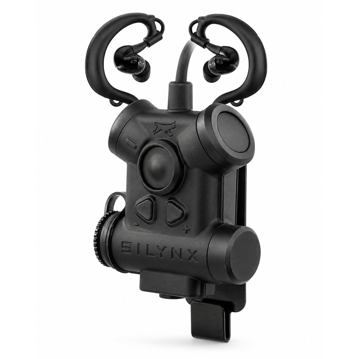 Clarus II Pro earplugs and control box with a central control module and two ear hooks, shown on a plain white background. The brand name 'SILYNX' is embossed on the front.