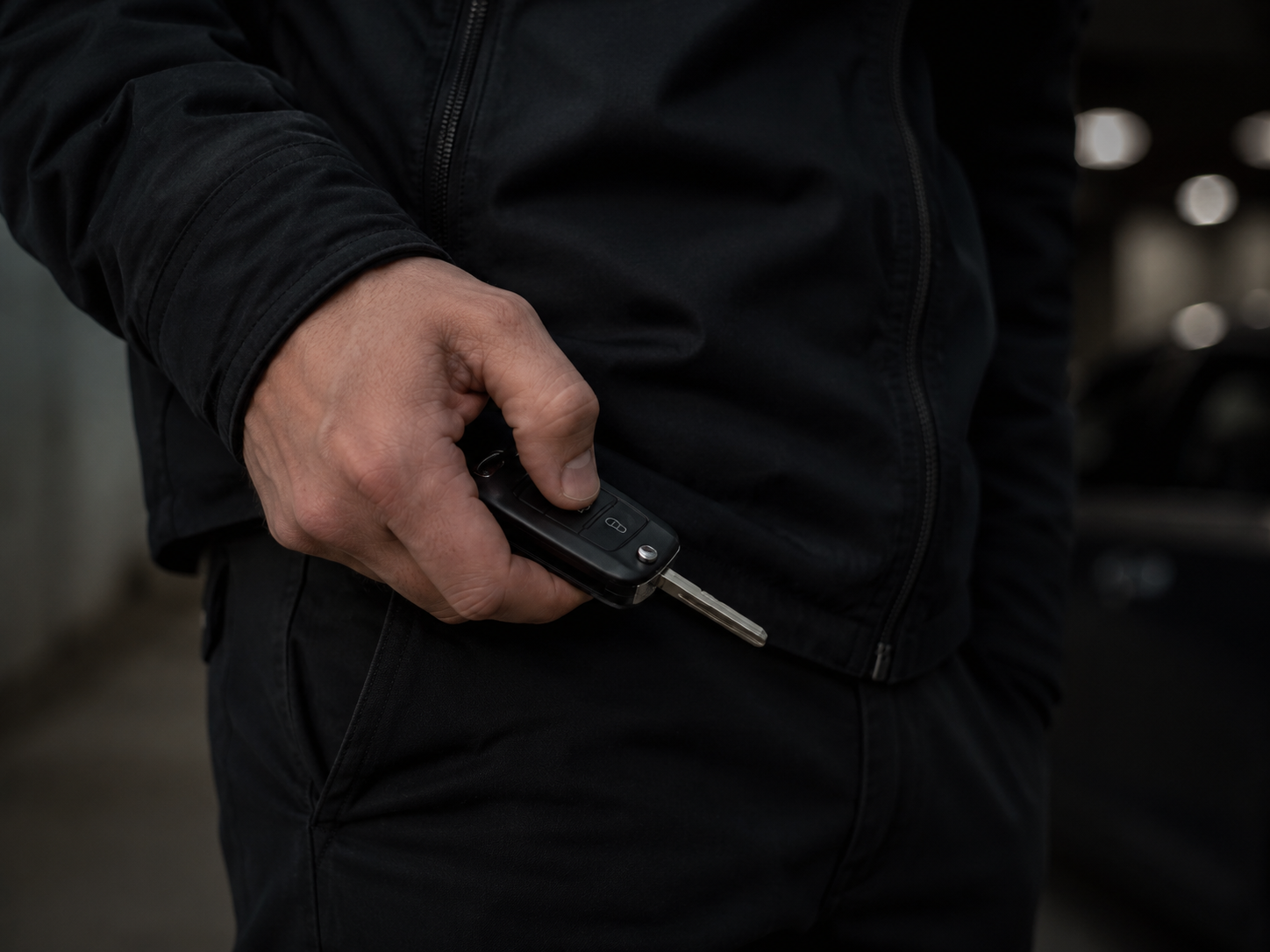 Person holding a car key fob Silynx covert PTT  in a dark setting