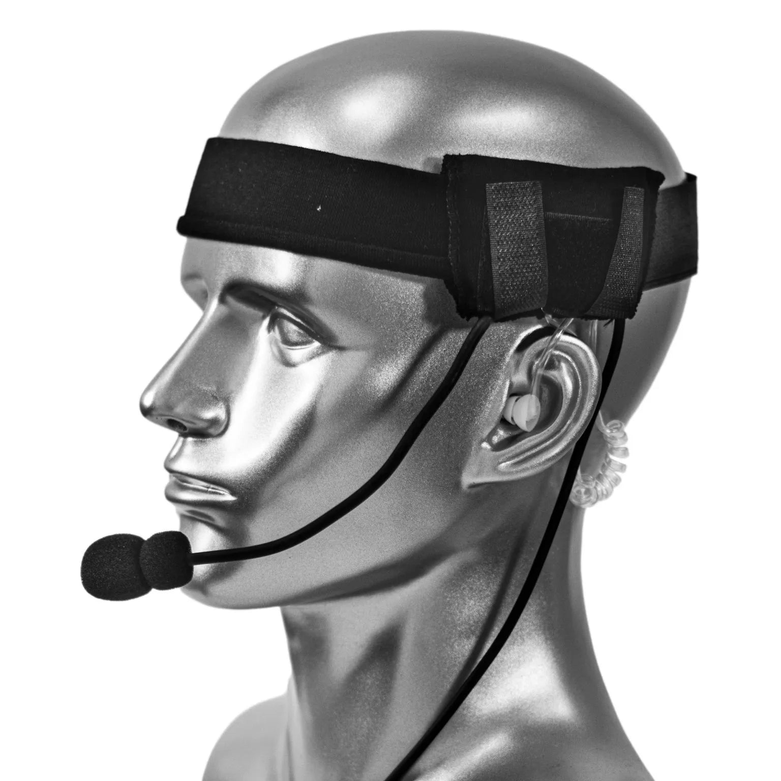 Mannequin head wearing Silynx Falcon headset with microphone on a white background