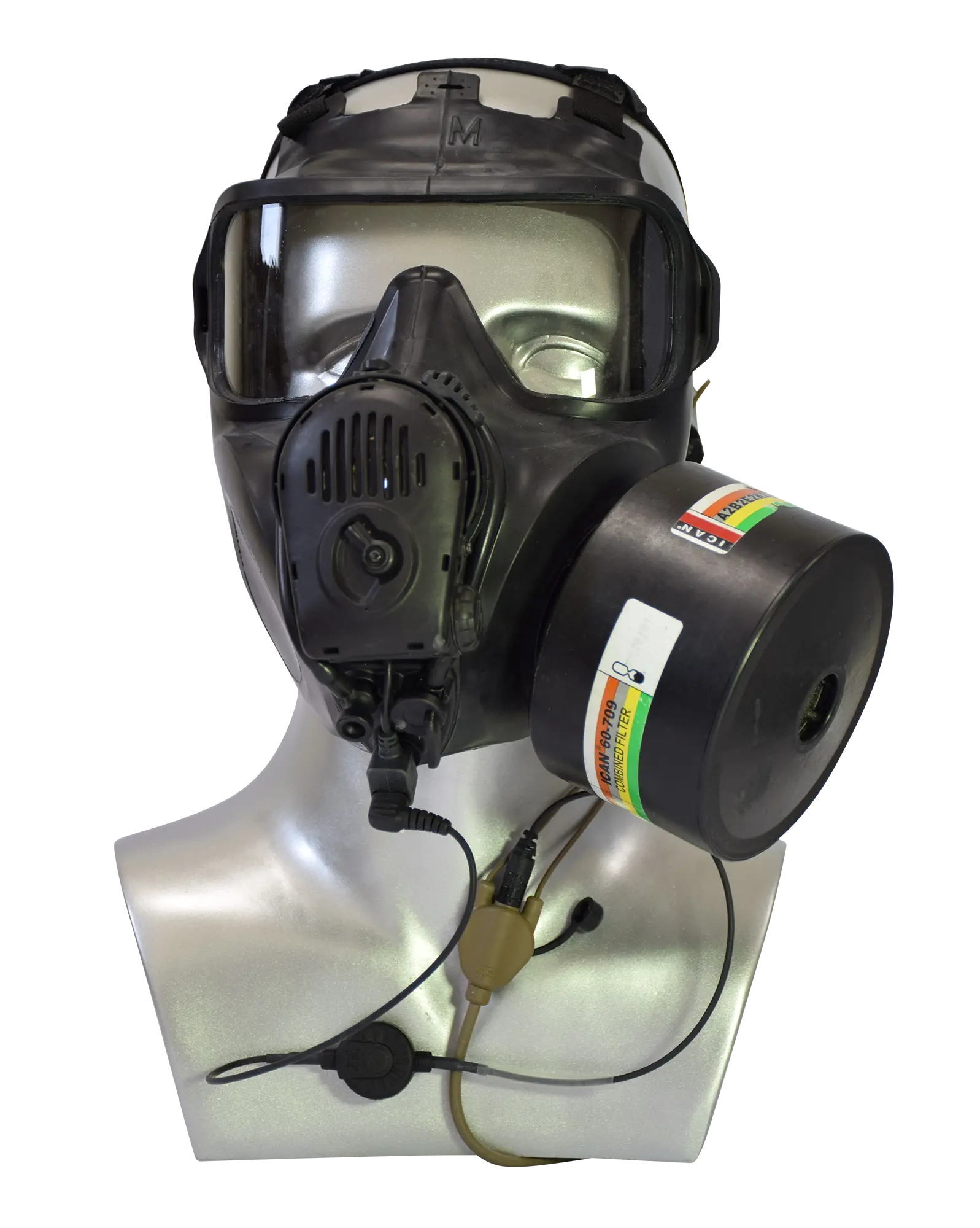 Black gas mask with SILYNX mic and  filter on a white background