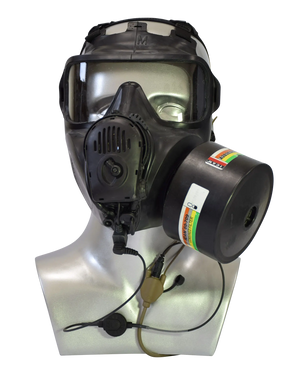 Black gas mask with SILYNX mic and  filter on a white background
