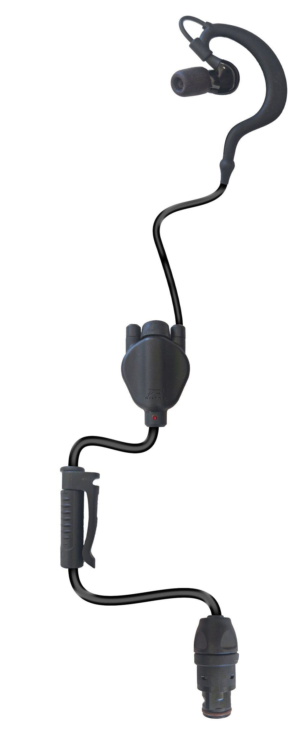 Single Black Silynx Protego earbud with a clip on a white background