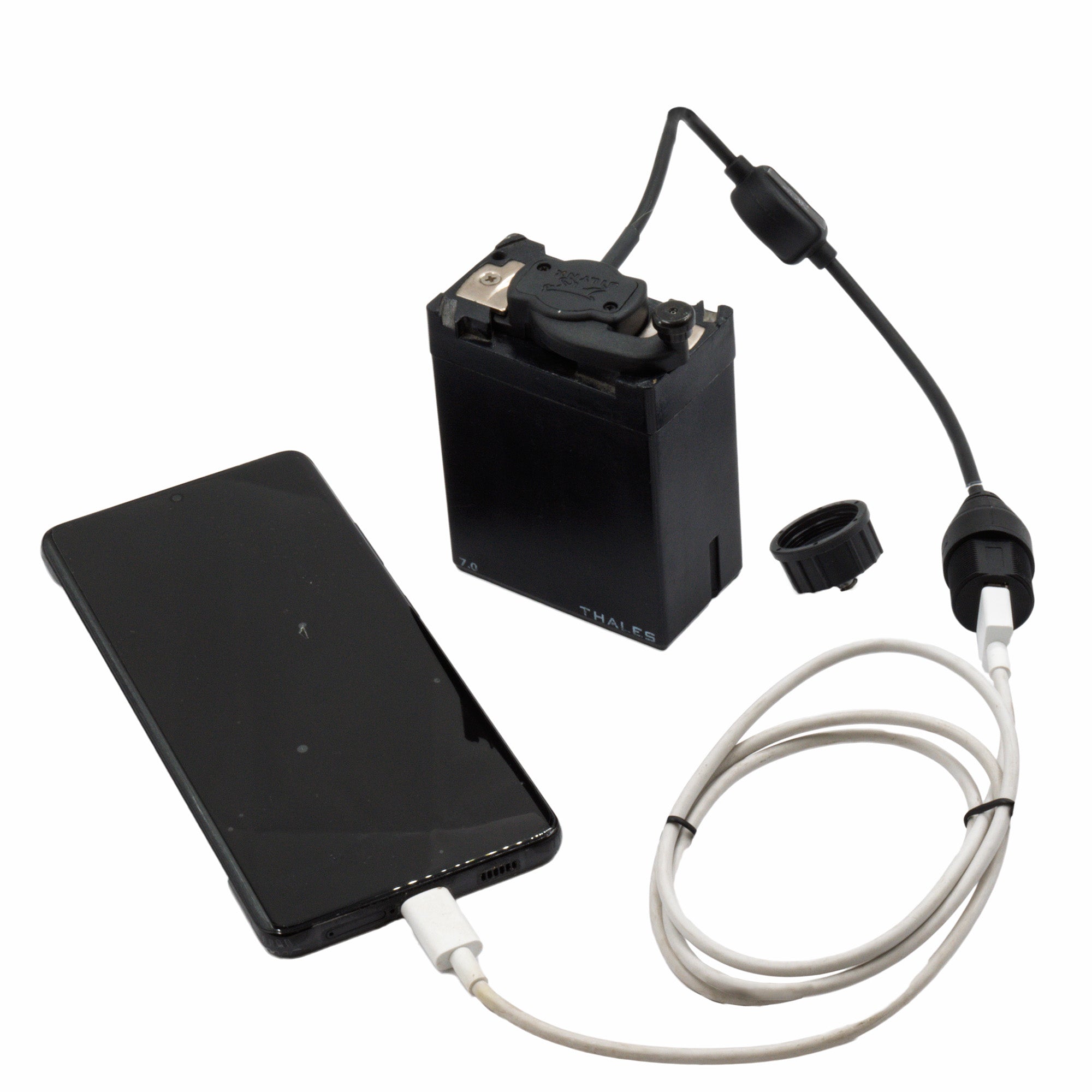 Silynx MBITR USB smartphone battery charger. Phone case with battery pack and cable on tactical gear