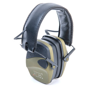 Silynx Salvus over-ear hearing protection active earmuffs with a padded black headband, olive green ear cups, and black plastic inner components, shown on a plain white background.