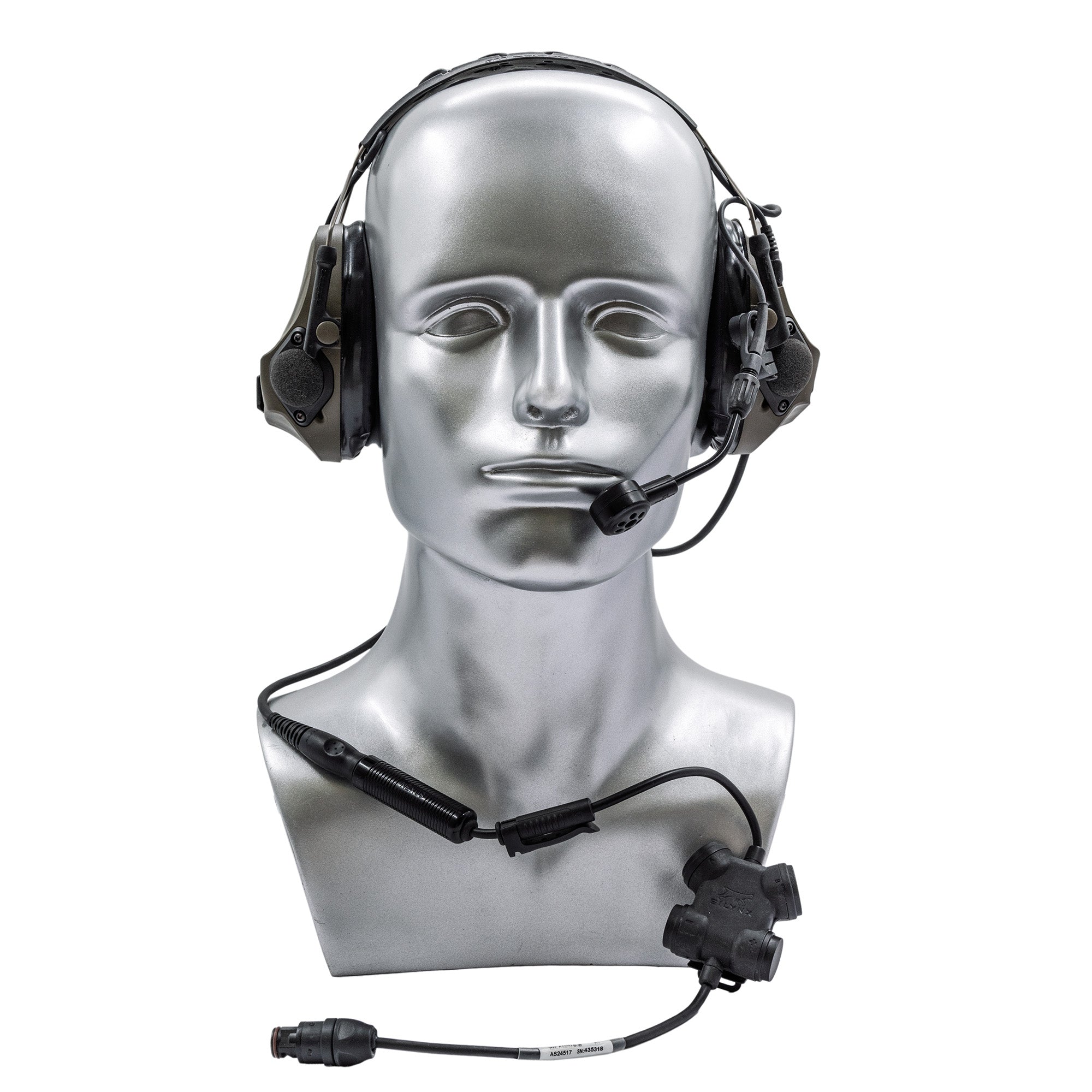 Headset on a silver mannequin head with Silynx PT21 control Box