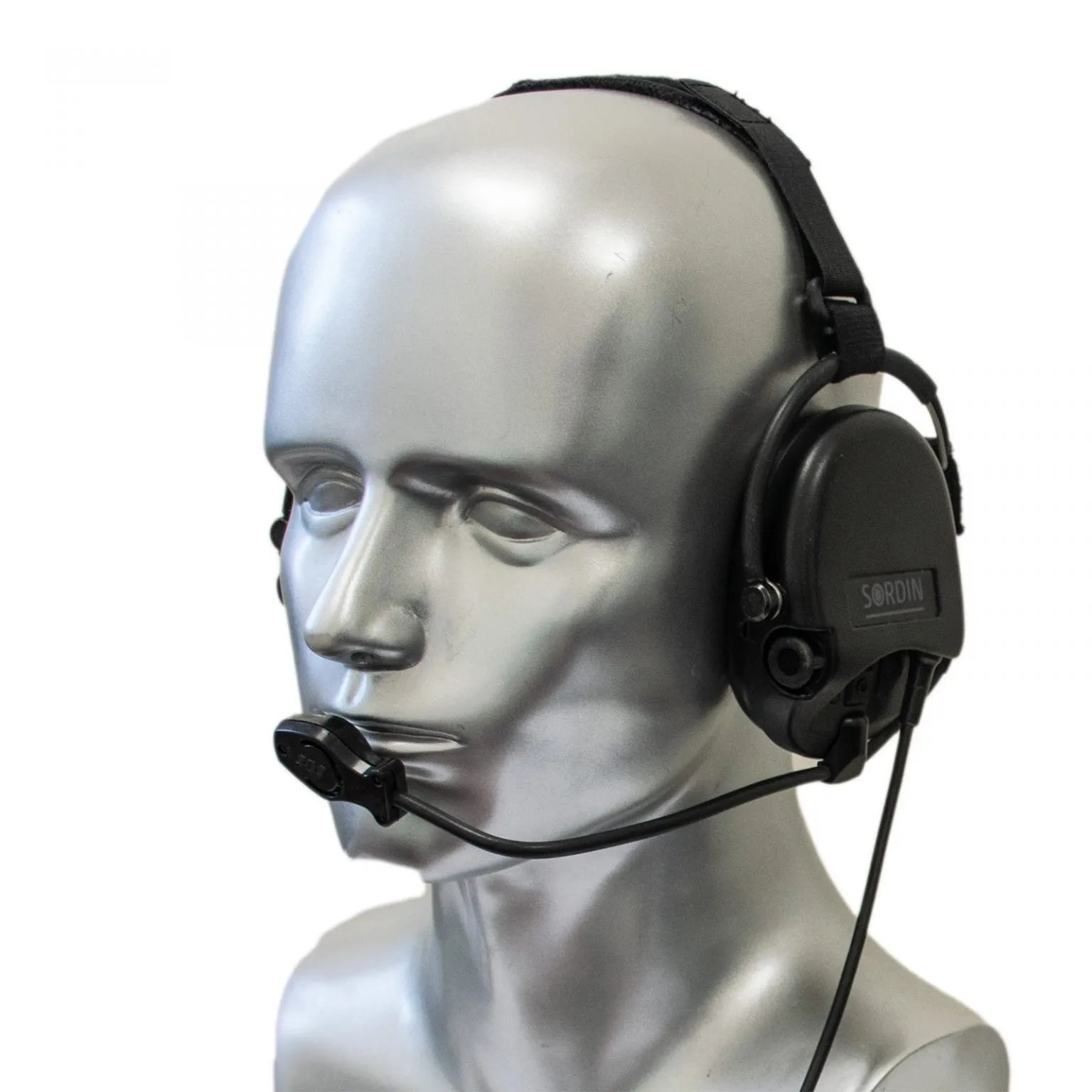 Protego SDR headset with microphone on a silver mannequin head against a white background