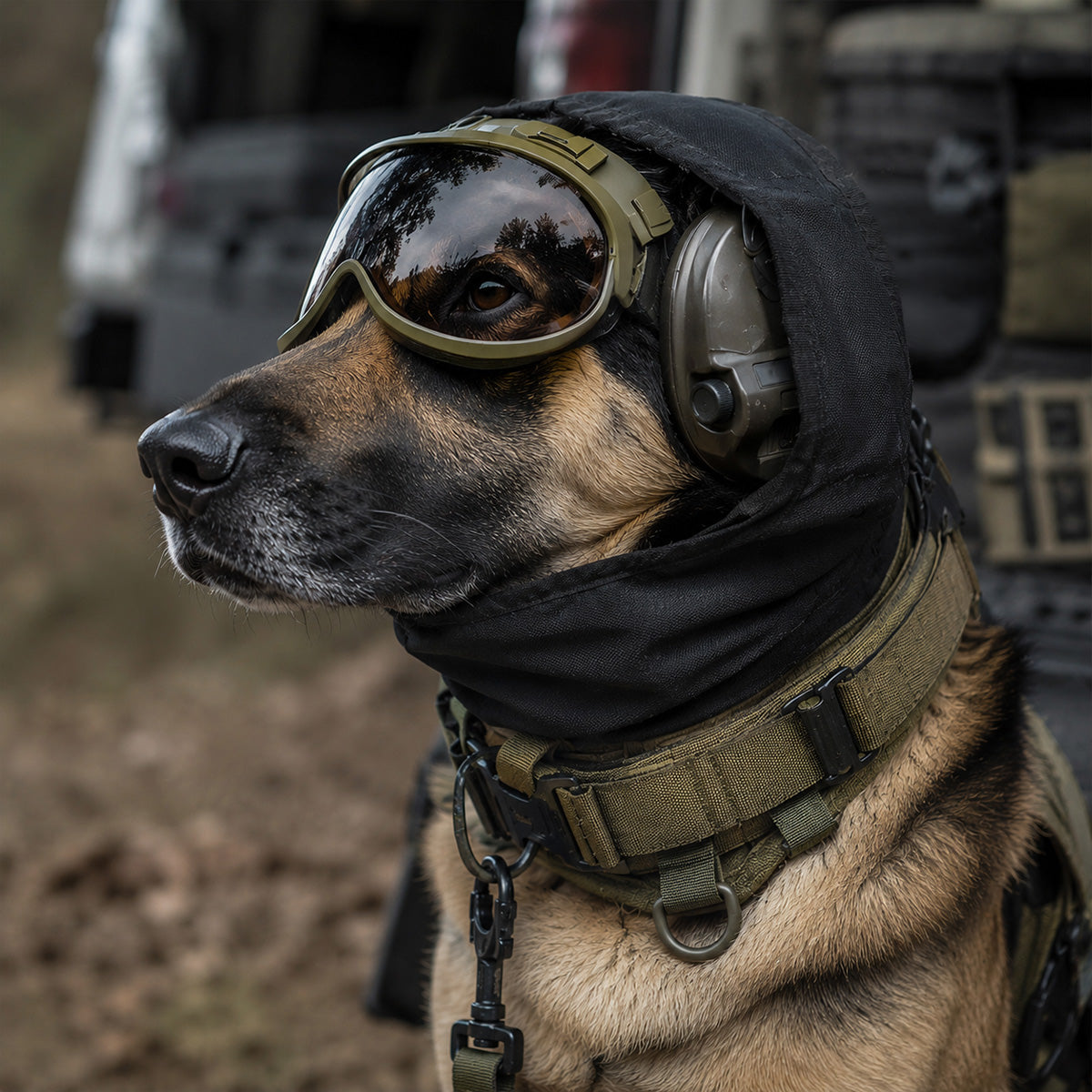 Dog wearing Silynx  tactical Hearing protection headset and goggles