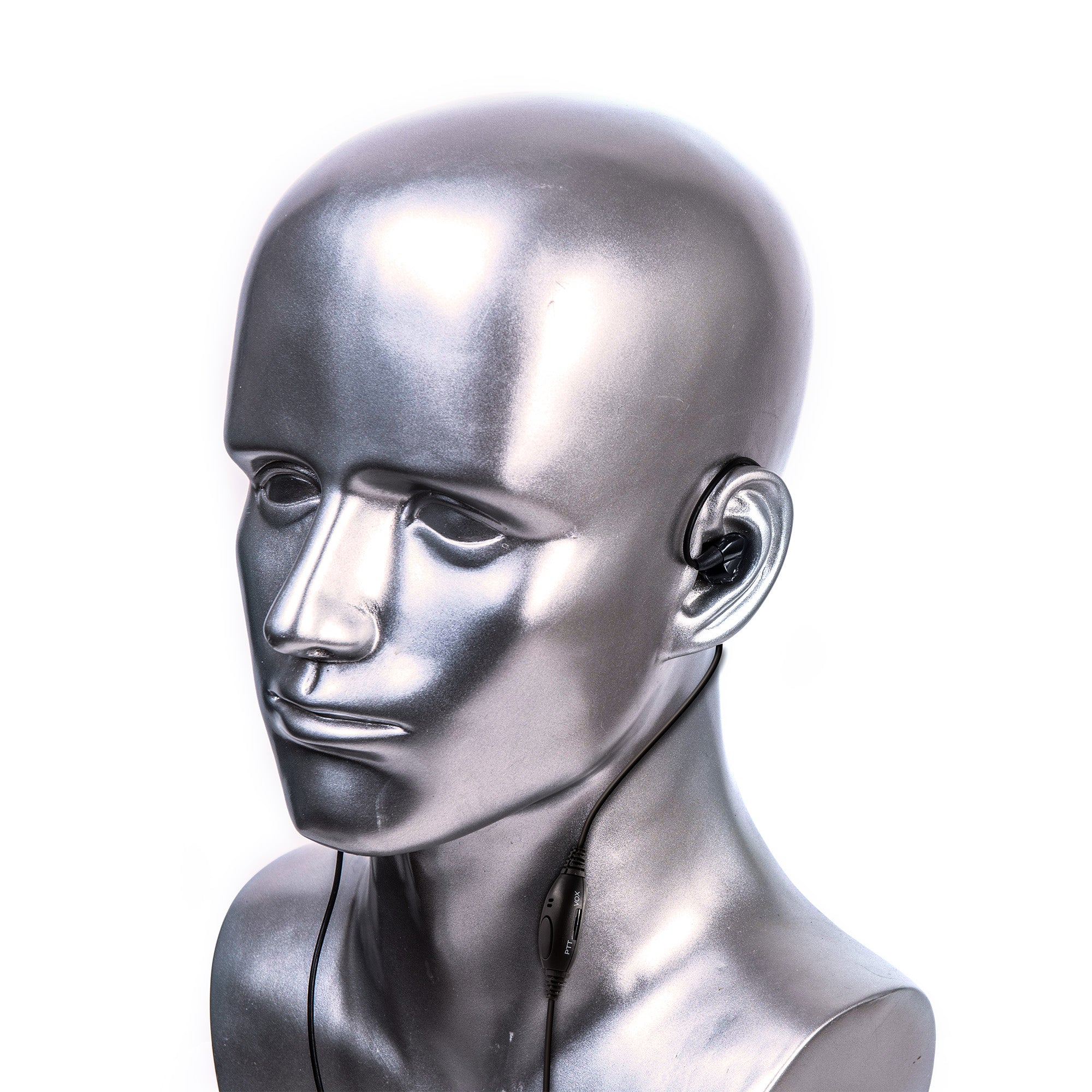 Silynx VIP Covert headset Silver mannequin head with a white background