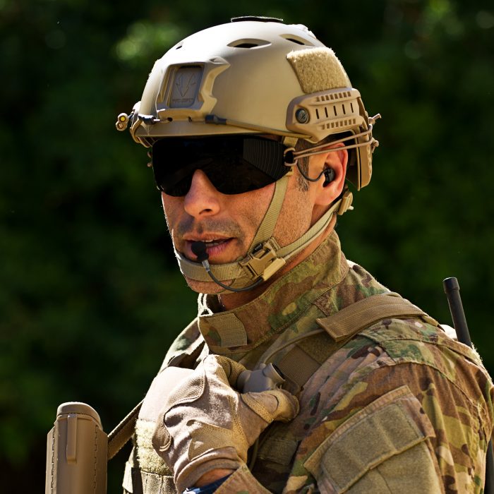 Solider with Protego pro headset and a boom mic