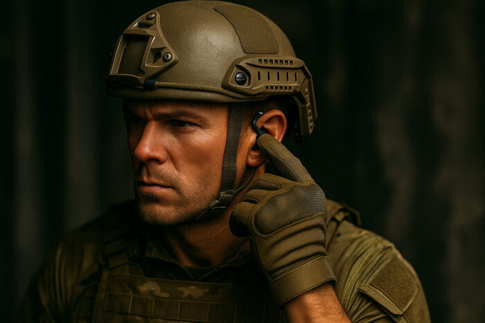 Soldier pointing on ear. Leak test illustration.