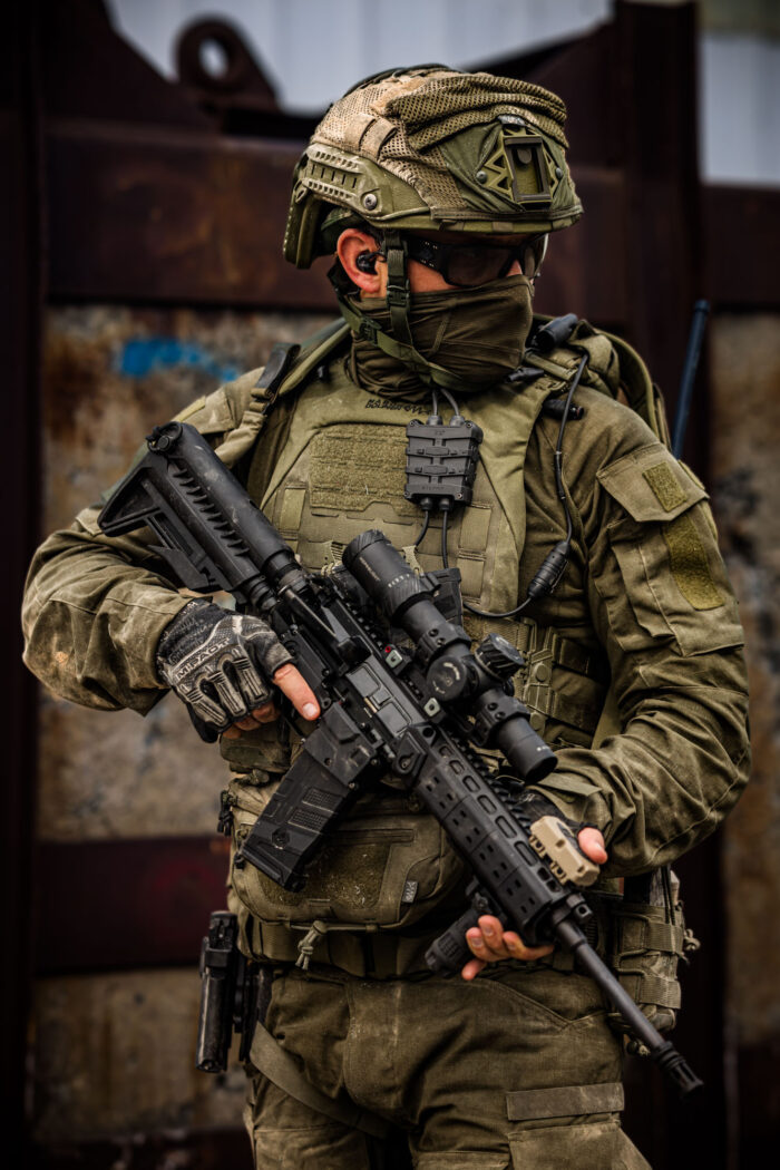 Fortis on soldier with Protego headset and a wireless PTT