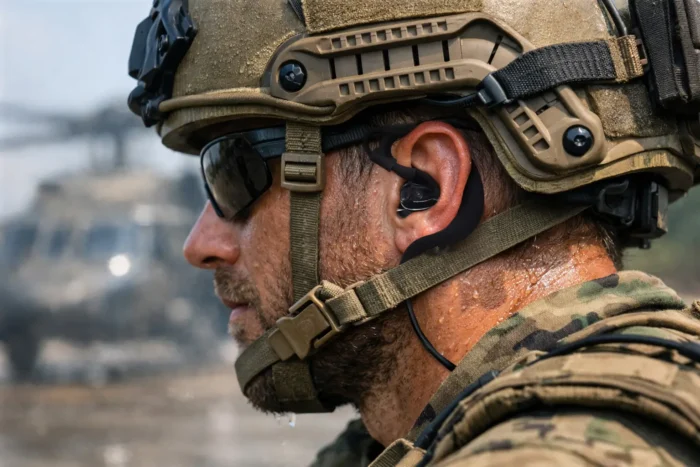 Protego Earpiece worn by a soldier