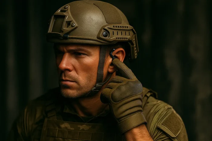 Soldier pointing on ear. Leak test illustration.